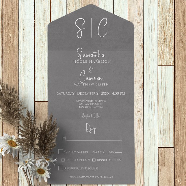 Modern Grey Minimal Monogram Dinner All In One Invitation (Creator Uploaded)