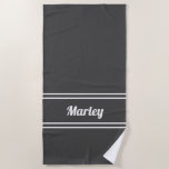 Modern Grey Minimal Name Monogram Script Template  Beach Towel<br><div class="desc">Custom minimal design features an easy to use template for name or text up to eleven letters in modern script and a double frame border. Script and border are in white on a classic charcoal grey background. Colour of background and font are easily changed with the Zazzle design tool section....</div>