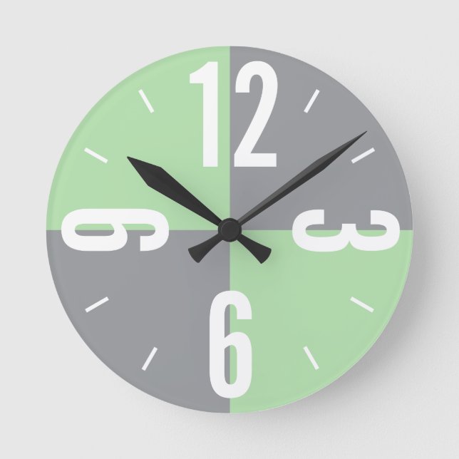 Modern grey, mint green colour blocks large number round clock (Front)
