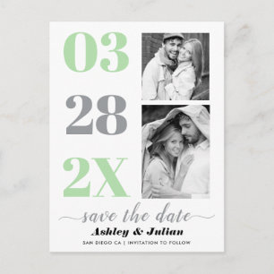 Modern grey, mint two photo Save the Date Postcard