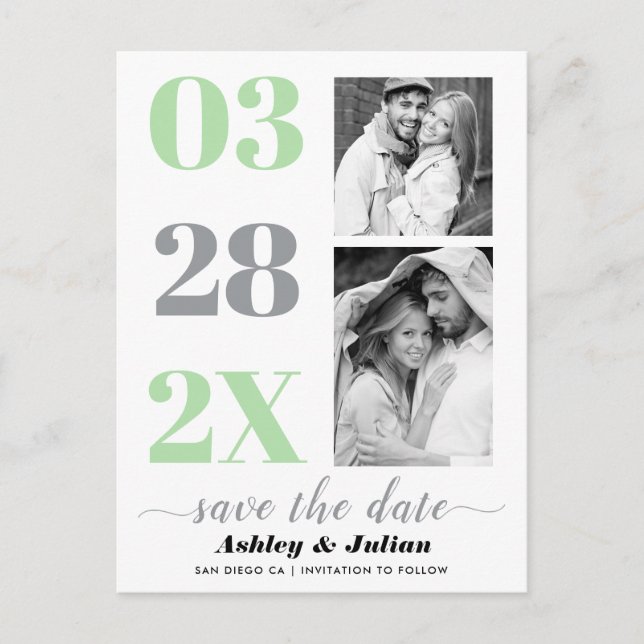 Modern grey, mint two photo Save the Date Postcard (Front)