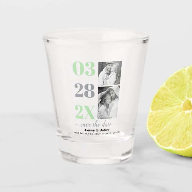 Modern grey, mint two photo Save the Date Shot Glass (Front)