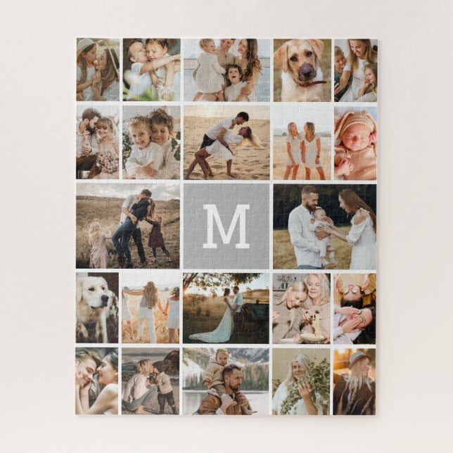 Modern Grey Monogram 22 Photo Collage Jigsaw Puzzle (Vertical)