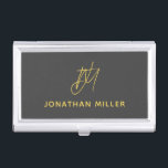 Modern Grey Monogram Business Card Holder<br><div class="desc">Keep your business cards organised and stylish with this modern dark grey business card case. The design features a monogram in mustard yellow, adding a personal touch to your professional look. This case is perfect for carrying in your bag or briefcase, and makes a great gift for colleagues and clients....</div>