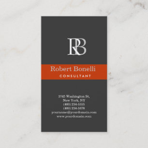 Modern Grey Monogram Orange Stripe Business Card