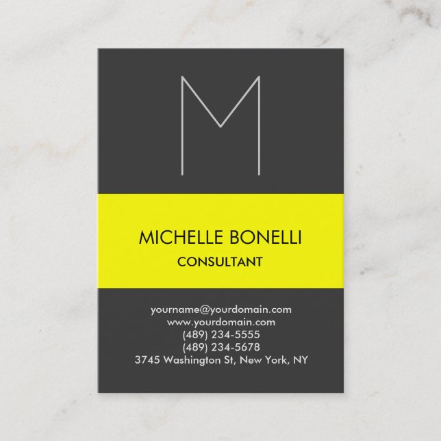 Modern grey monogram yellow striped business card (Front)