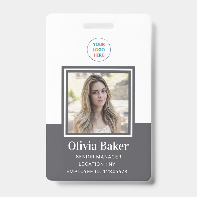 Modern Grey Name Photo Business Logo Employee  ID Badge (Front)