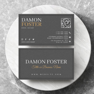 Modern Grey Neutral Leather Minimalist QR Code Business Card