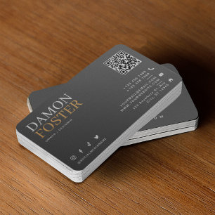 Modern Grey Neutral Leather Minimalist QR Code Business Card