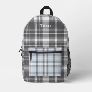 Modern grey neutral plaid with name printed backpack