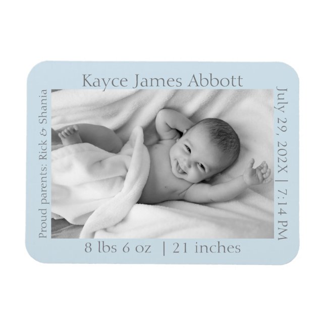 Modern Grey on Blue Baby Announcement Magnet (Horizontal)