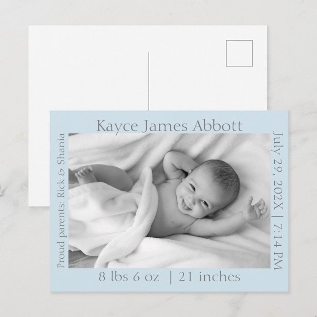 Modern Grey on Blue Baby Announcement  Postcard (Front/Back)