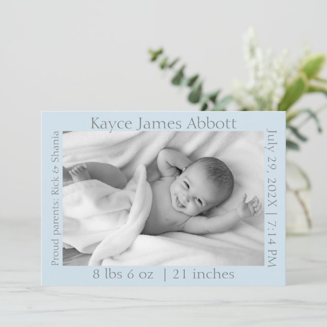 Modern Grey on Blue Photo Birth Announcement (Standing Front)