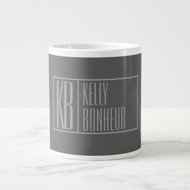 Modern, Grey on Dark Grey, Initials & Name Logo Large Coffee Mug (Front)