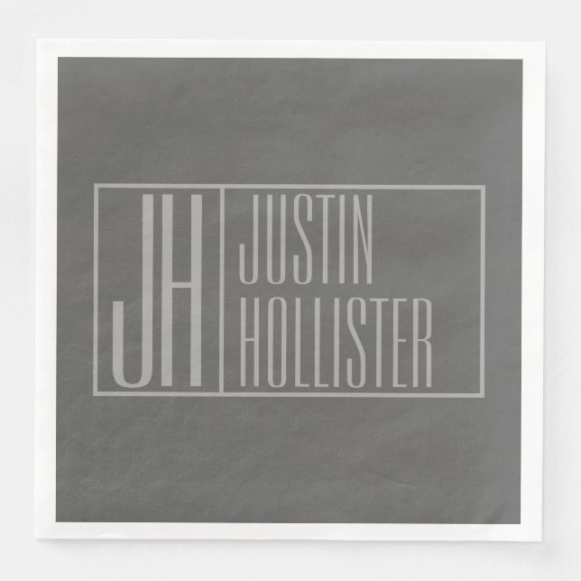 Modern, Grey on Dark Grey, Initials & Name Logo Napkin (Front)