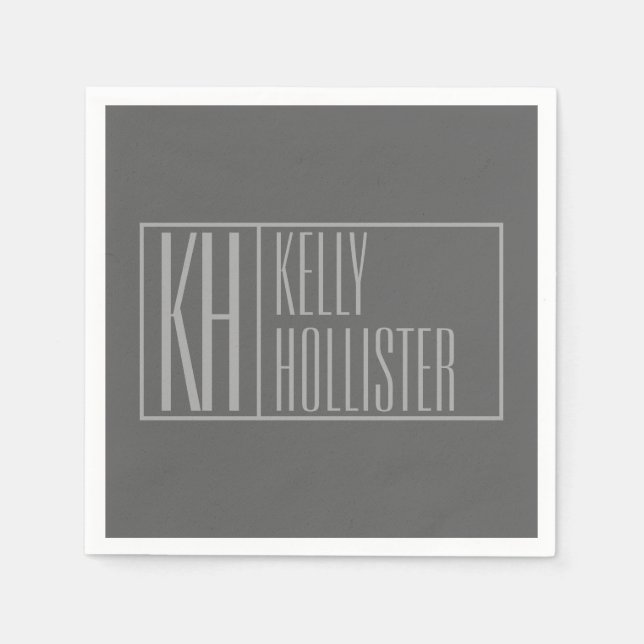 Modern, Grey on Dark Grey, Initials & Name Logo Napkin (Front)
