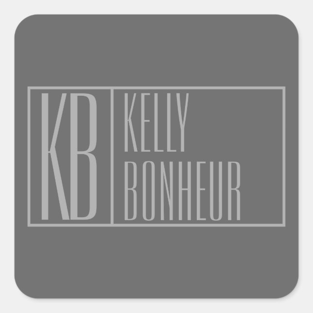 Modern, Grey on Dark Grey, Initials & Name Logo Square Sticker (Front)
