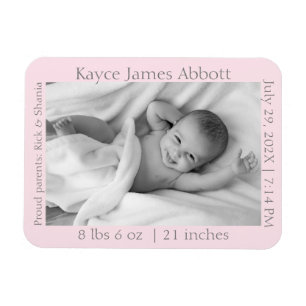 Modern Grey on Pastel Pink Birth Announcement Magnet