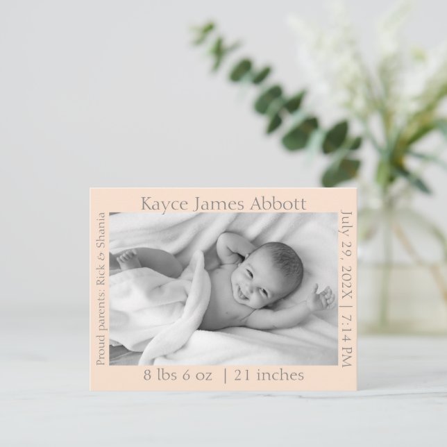 Modern Grey on Pastel Salmon Birth Announcement Postcard (Standing Front)