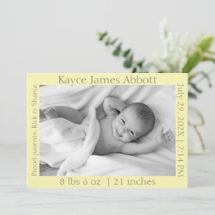 Modern Grey on Pastel Yellow Baby Announcement 