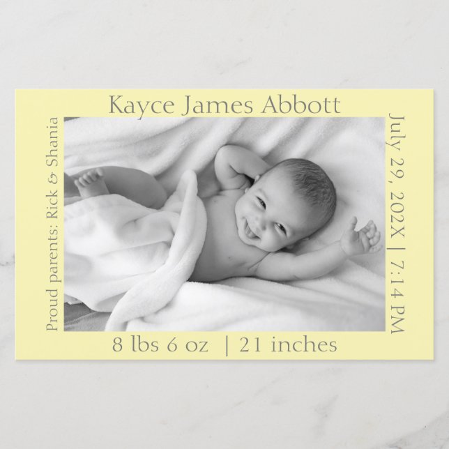Modern Grey on Pastel Yellow Birth Scrapbook Paper (Front)