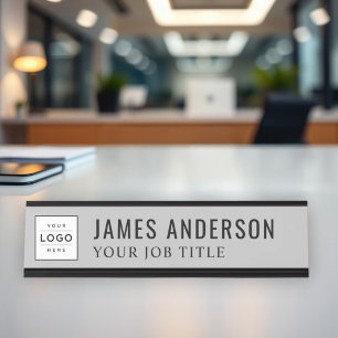 Modern Grey Personalised Business Logo Desk Name Plate