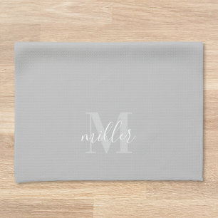 Modern Grey Personalised Family Name Monogram Tea Towel