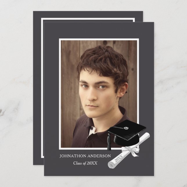 Modern Grey Photo Graduation Party Announcement (Front/Back)