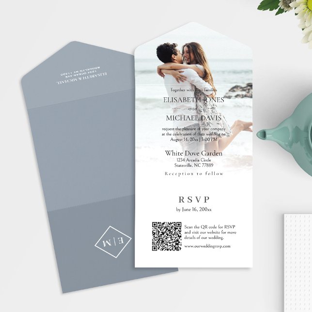 Modern Grey Photo QR Code Online Wedding All In One Invitation (All-in-one wedding invitation with QR code to RSVP - Simplify and save time for you and your guests.)