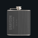 Modern Grey Pin Stripes Personalised Groomsman Hip Flask<br><div class="desc">Add a personal touch to your wedding with personalised groomsmen flask. This flask features personalised groomsman's name with title and date in grey. In classic modern font style, on dark grey background. Also perfect for best man, father of the bride and more. Message me if you need assistance or have...</div>