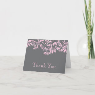 Modern Grey & Pink Leaf Flourish Thank You Note Card