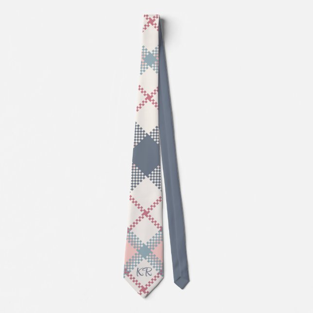Modern Grey Pink White Cross Stitch Initials Tie (Front)