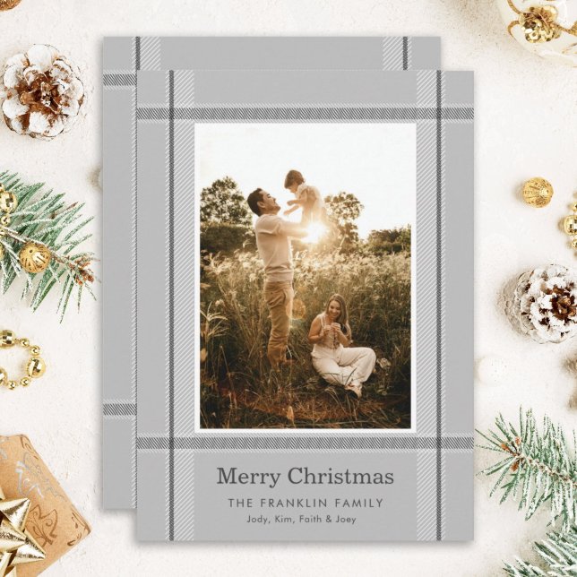 Modern Grey Plaid Photo Christmas Holiday Card (Creator Uploaded)
