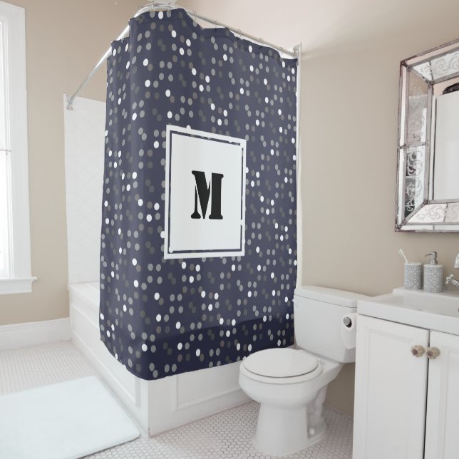 Modern Grey Polka Dots Monogram Shower Curtain (In Situ)