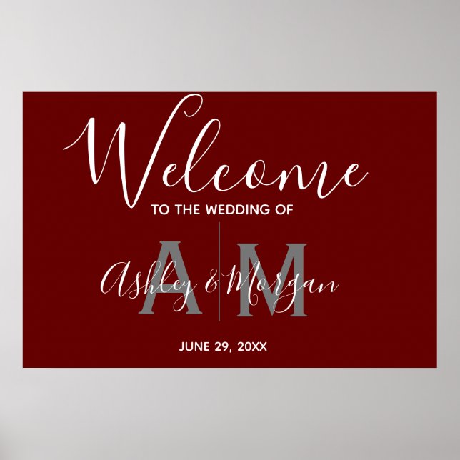 Modern Grey & Red Couples Monogram Wedding Welcome Poster (Front)