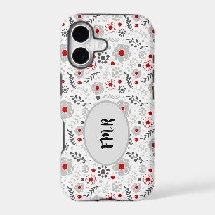 Modern Grey Red Floral Monogram