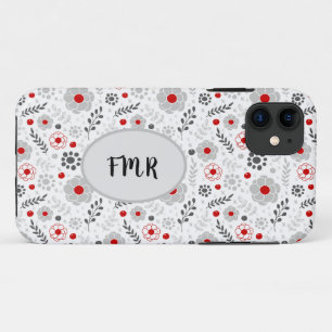Modern Grey Red Floral Monogram iPhone 11 Case