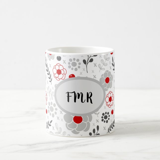 Modern Grey Red Floral Monogram Coffee Mug (Center)