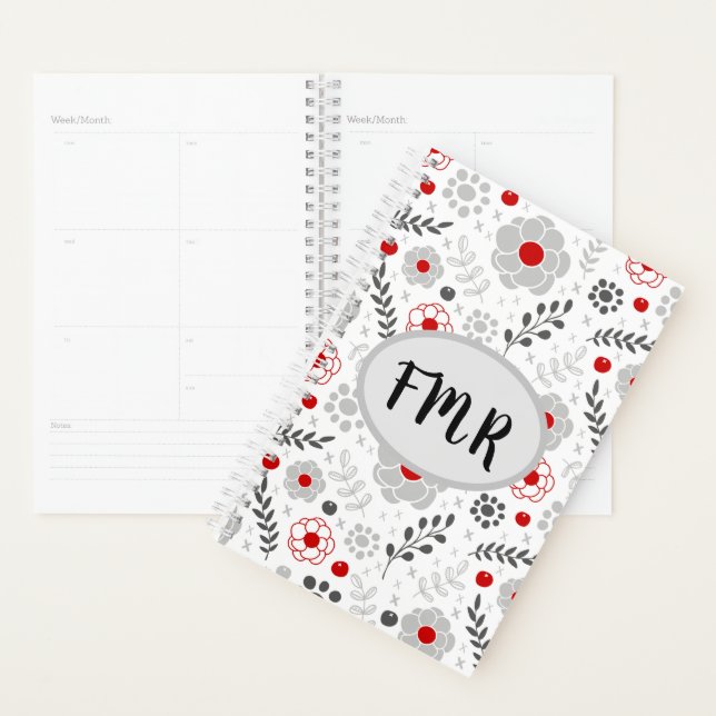 Modern Grey Red Floral Monogram Planner (Display)