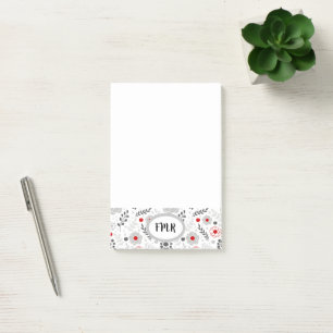 Modern Grey Red Floral Monogram Post-it Notes