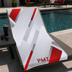 Modern Grey Red Geometric Monogram Beach Towel