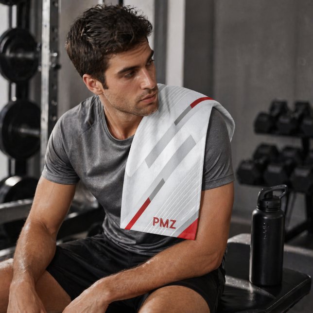 Modern Grey Red Geometric Monogram Sports Hand Towel (Creator Uploaded)