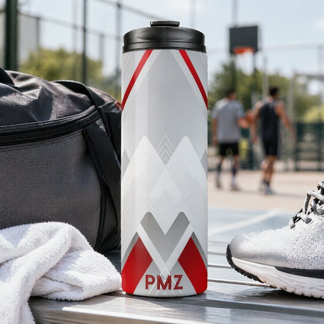 Modern Grey Red Geometric Monogram  Thermal Tumbler (Creator Uploaded)