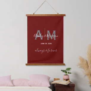 Modern Grey & Red Monogram Wedding Hanging Tapestry