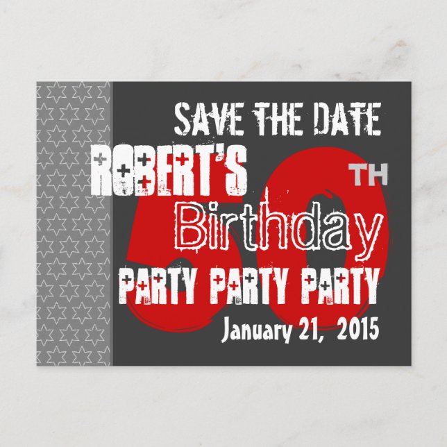 Modern Grey Red Save the Date 50th Birthday 46W Announcement Postcard (Front)
