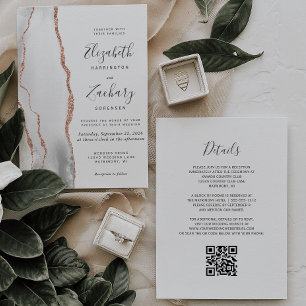 Modern Grey Rose Gold Agate QR Code Wedding Invitation