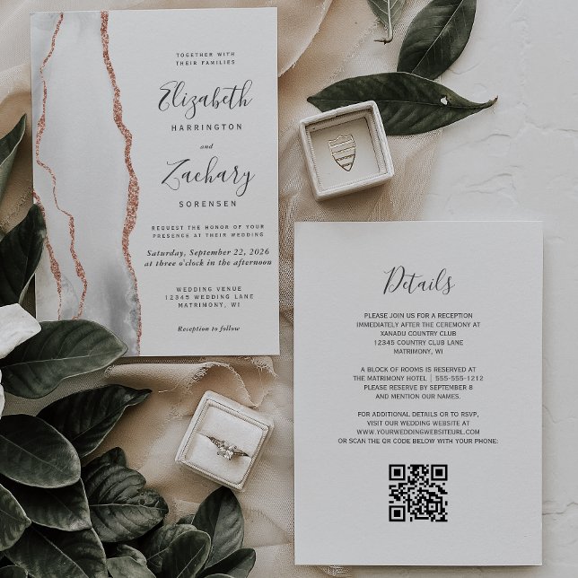 Modern Grey Rose Gold Agate QR Code Wedding Invitation (Creator Uploaded)