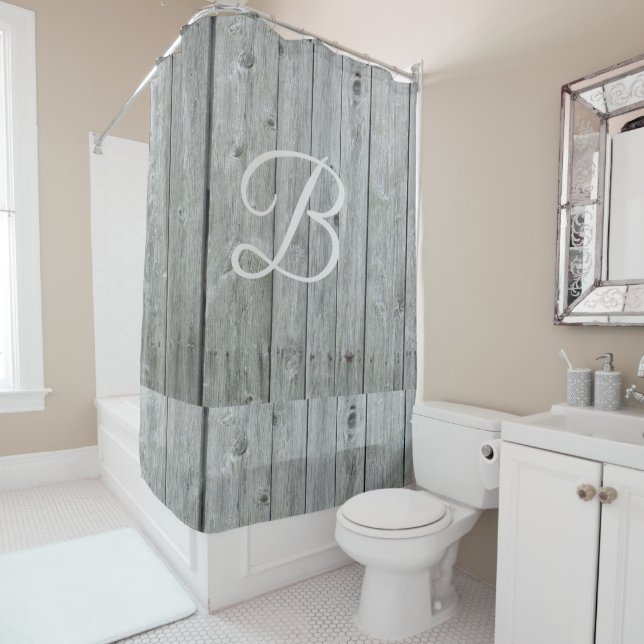 Modern Grey Rustic Farmhouse Monogram Bath Decor Shower Curtain (In Situ)