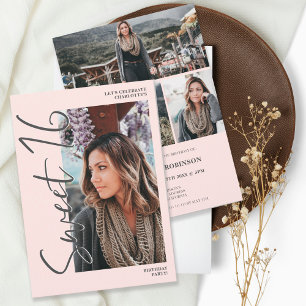 Modern Grey script 4 photos pink Sweet 16 Invitation