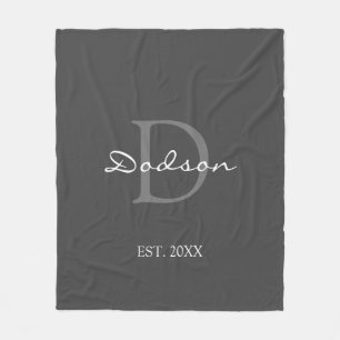 Modern Grey Script Monogram Name Fleece Blanket